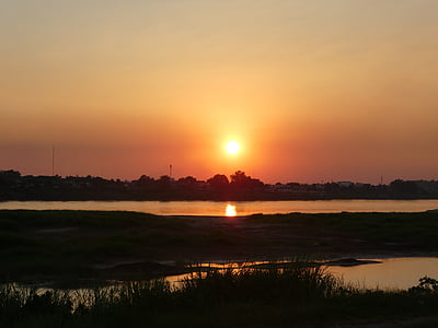 sunset, laos, landscape, river, water, asia, mekong river