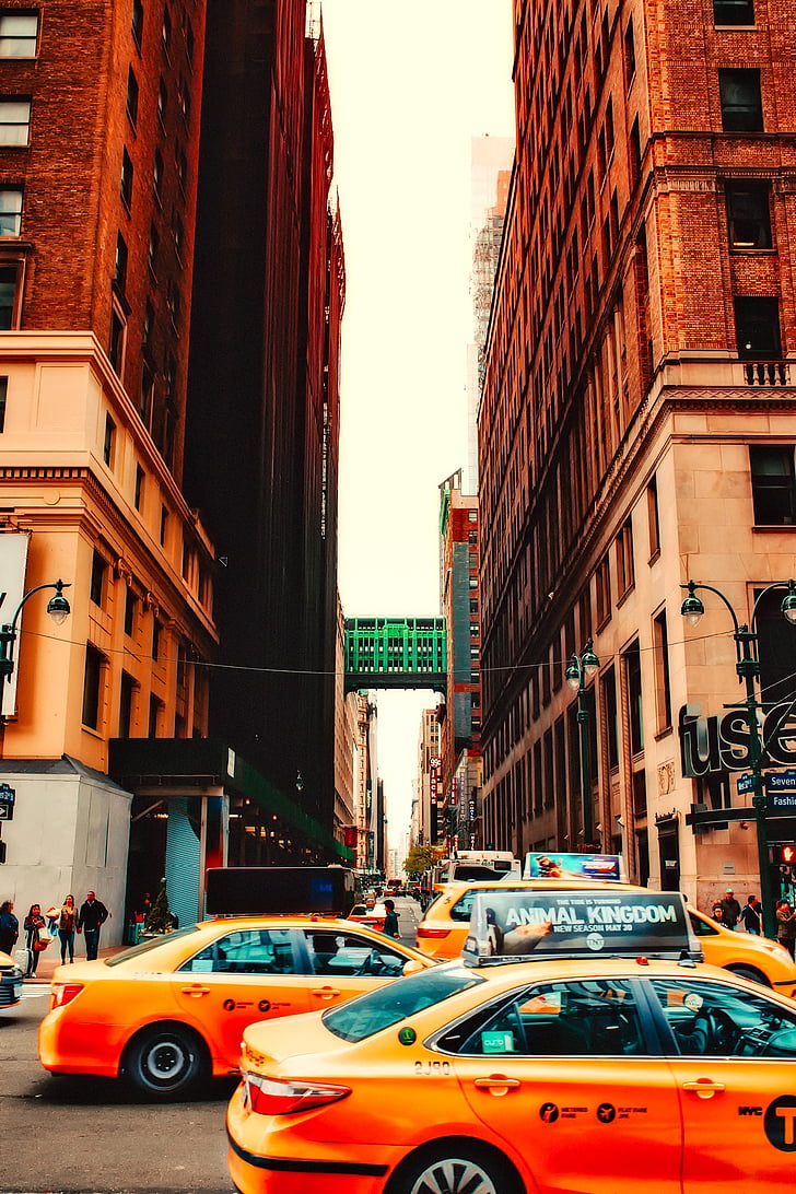Urban, turism, Manhattan, byggnader, gula taxibilar, taxi, Downtown