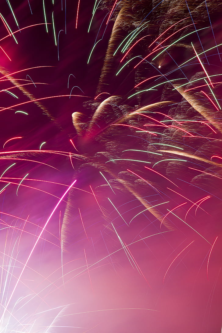 focs artificials, festivitat, colors, colors, ràfegues, cel rosat, exhibició de focs artificials