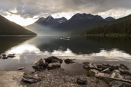 landscape, scenic, canoe, recreation, calm, reflection, mountains