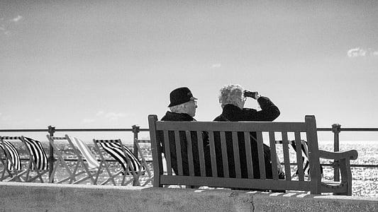 bench, couple, senior, view, beach, sea, coast
