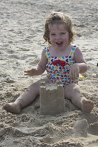 Baby, plajă, nisip, castel de nisip, distractiv, vara, fericit