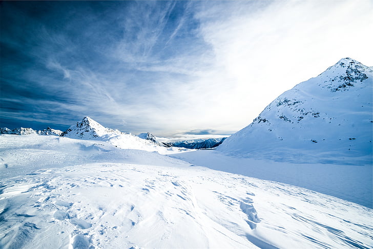 фотография, планински, обхванати, сняг, зимни, планини, небе