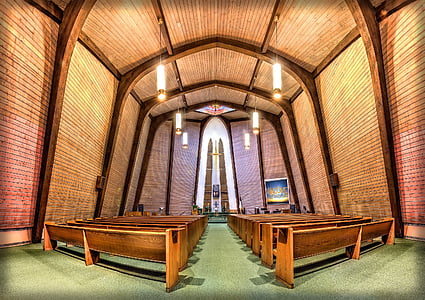 brown, wooden, bench, inside, church, Church, House, House Of Worship