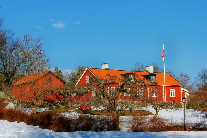 sweden, farm, rural, barn, buildings, architecture, pond
