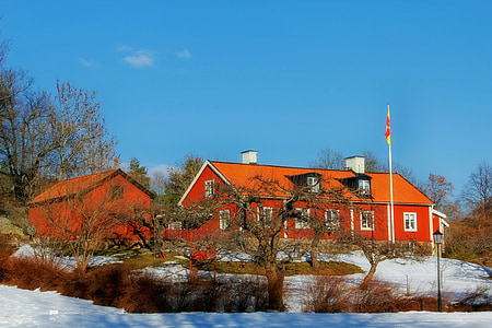 Svédország, Farm, vidéki, pajta, épületek, építészet, tó