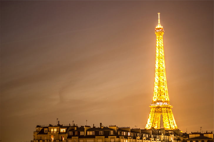 lighted, eiffel, tower, dusk, Eiffel Tower, Paris, France