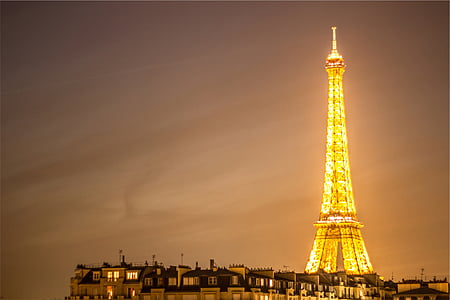 belyst, Eiffel, tornet, skymning, Eiffeltornet, Paris, Frankrike
