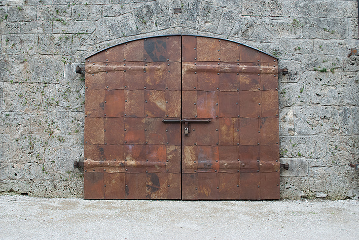 iron door, door, goal, castle, stone wall, input, old door
