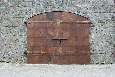 iron door, door, goal, castle, stone wall, input, old door