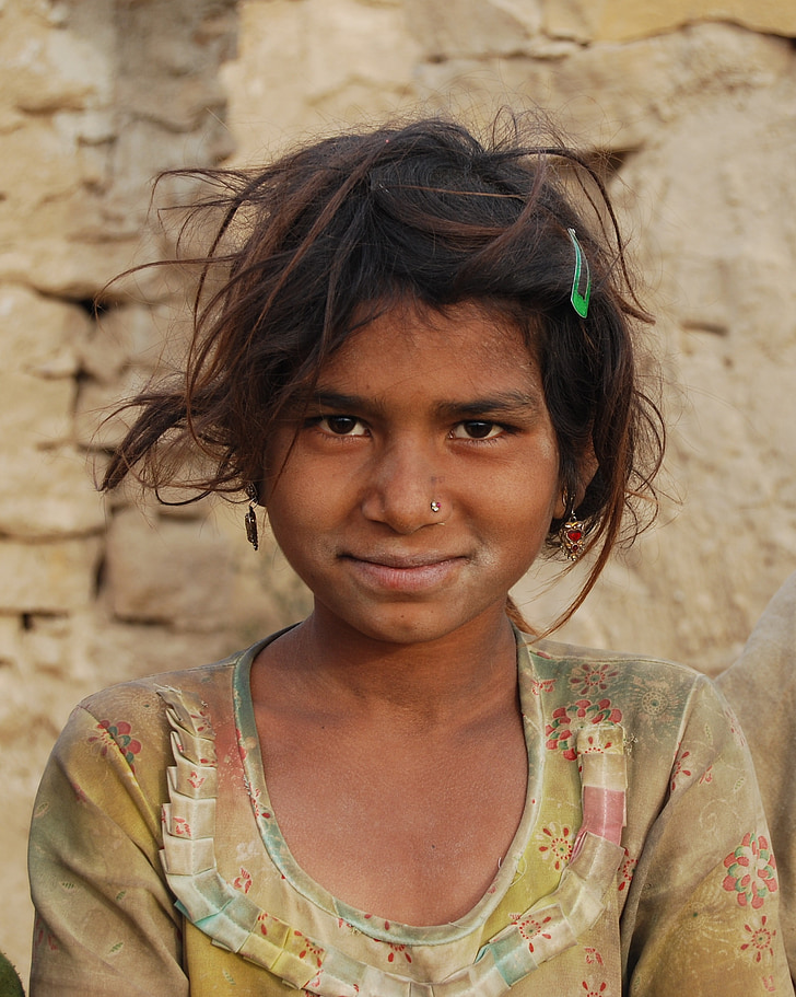Indija, dekle, otrok, slabo, umazano, puščava, suho