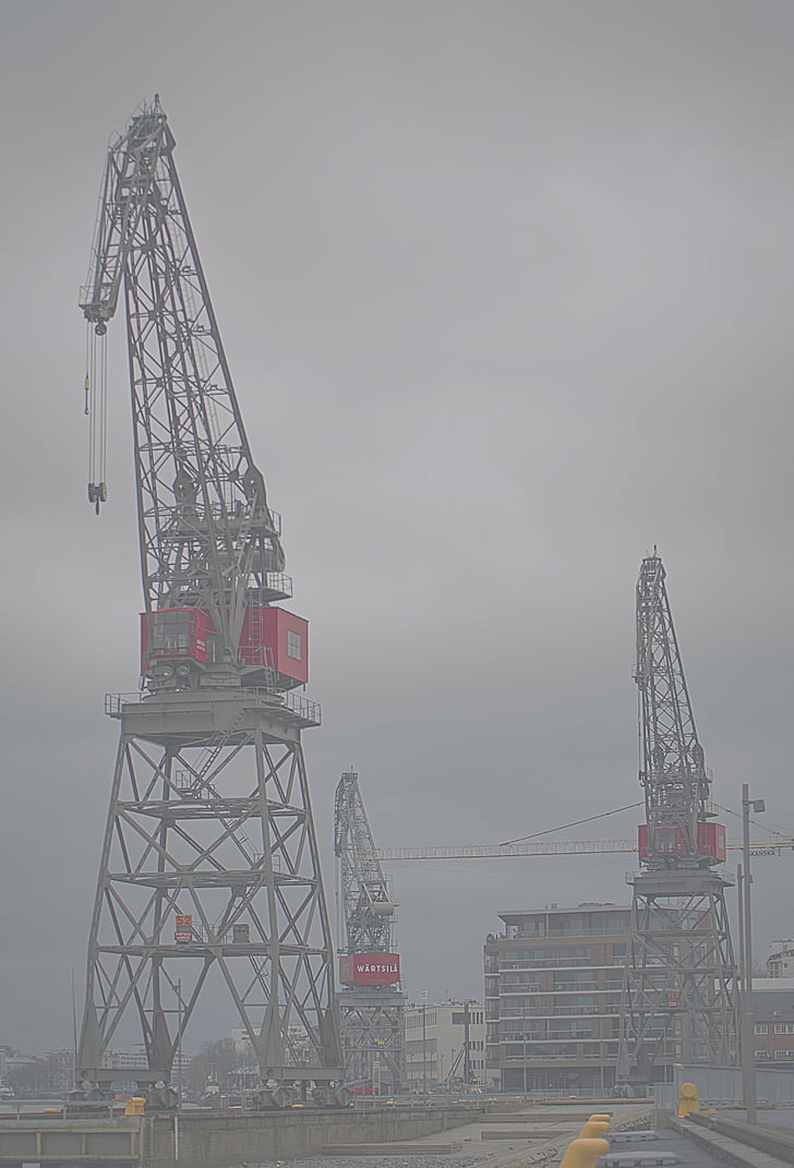 Turku, Port, Crane, Pelabuhan crane, kabut, kabur, hujan