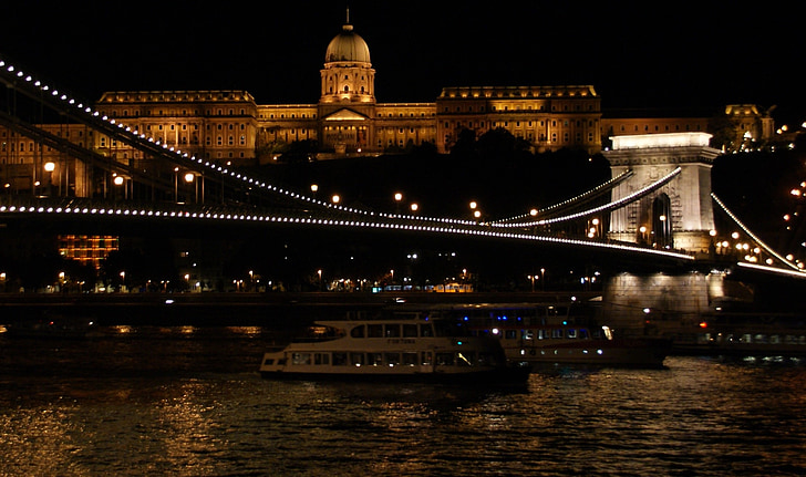 naktī, tilts, pilsēta, Budapešta, ķēžu tilts, pils, vakarā