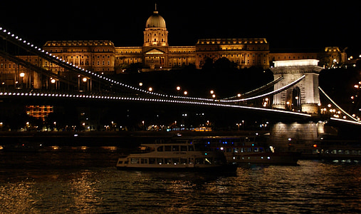 natt, Bridge, staden, Budapest, Kedjebron, slott, kvällen
