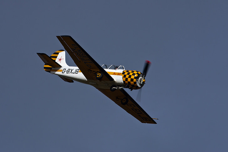 aviation, two seater, propeller, plane, yellow, white, sky