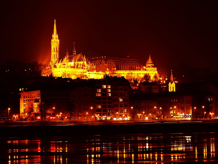 fiskernes bastion, Budapest, Matthias church, natt fotografi, opplyst, Buda, landemerke