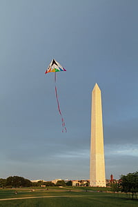 Memorial, cerf-volant, coucher de soleil, monument, point de repère, Washington dc