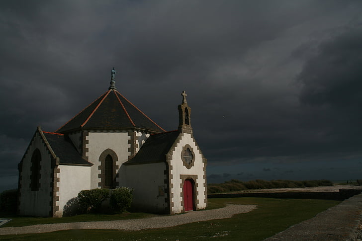 white, brown, church, building, dark, clouds, cross