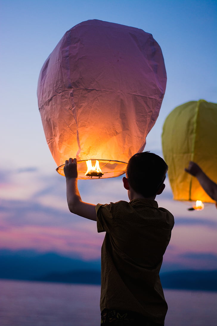 Asian, balloon, boy, child, hot air, lamp, lantern