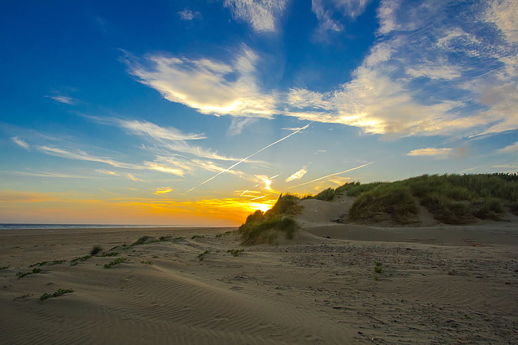 Západ slunce, oceán, písek, pláž, Anglie