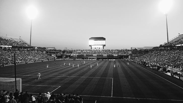 audience, black-and-white, field, game, people, soccer, sport