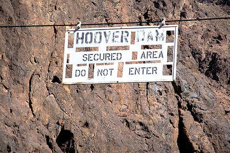 Hoover dam, zabezpieczonym obszarze, nie należy wprowadzać, znak, bezpieczeństwa, Ostrzeżenie, należy zachować ostrożność