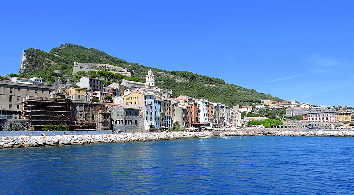 hus, farger, sjøen, Porto venere, Liguria, Italia, vann