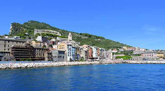 Domy, kolory, morze, Porto venere, Liguria, Włochy, wody