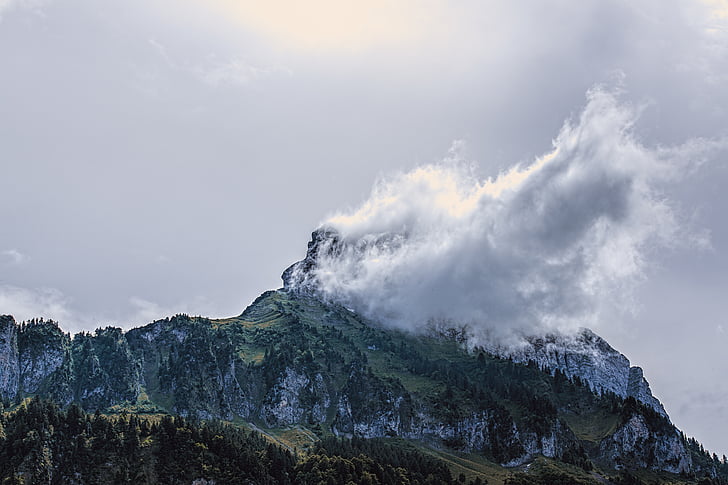 mountain with cloud swaths, mountain, cloud, alpine, mood, forest, light