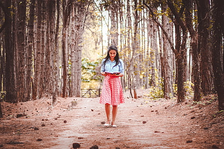 woman, wearing, blue, pink, dress, walking, reading