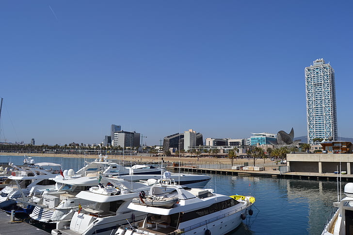Port olimpic, båt, hamnen, Barcelona, hamn, Marina, Sky