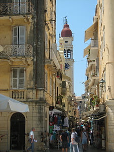 Corfu, Igreja de Santa Ana Isabel, Grécia, Catedral de Santa Ana Isabel, rua, cidade velha, turistas