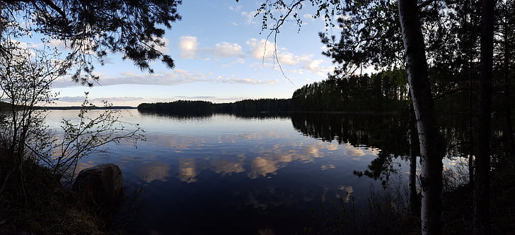 今晩, パノラマ, 風景, 湖, 穏やかな, 水, フィンランド語