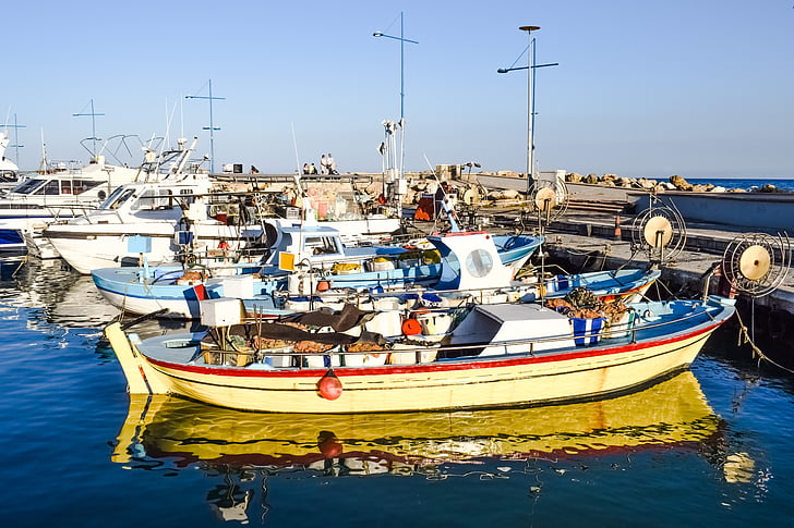 harbor, fishing boats, reflections, island, summer, scenery, mediterranean