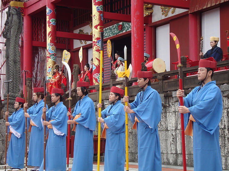 tradition, Japan, nytår, asiatiske, mænd, gruppe, kostumer