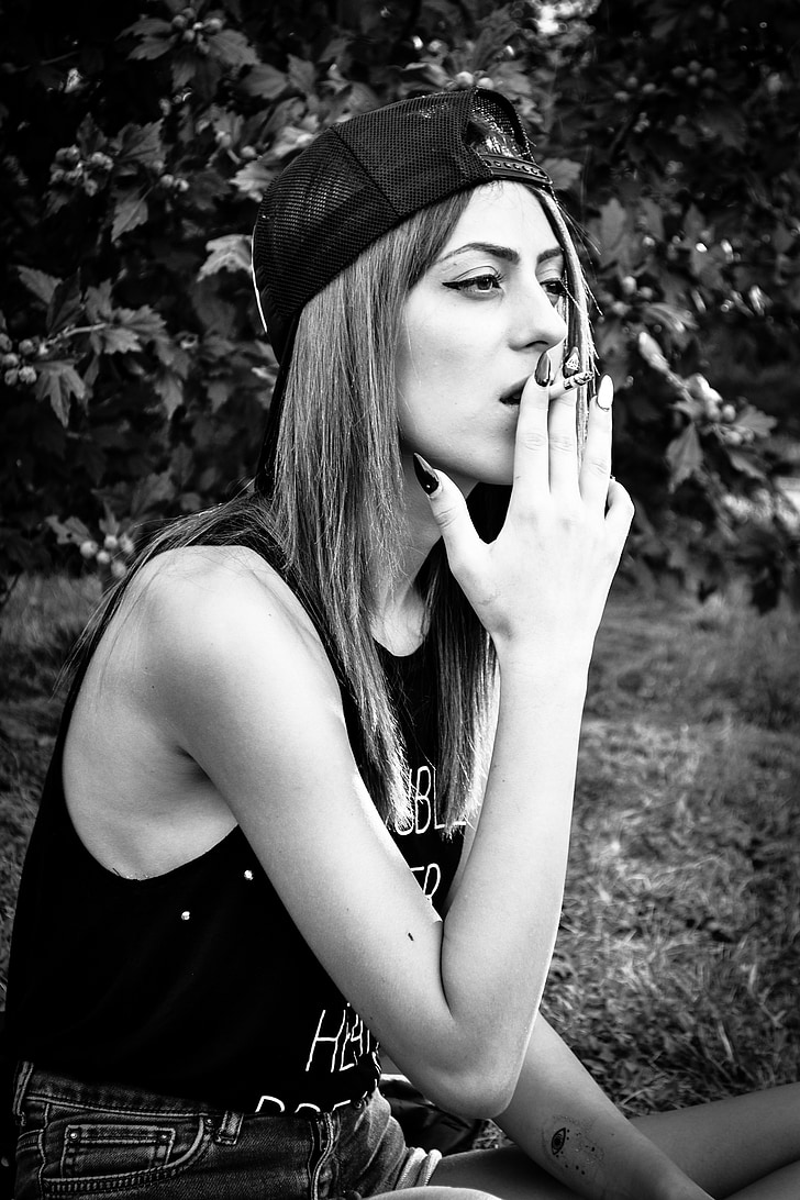 dievča, cigareta, milý, štýl, ženy, čierna a biela, ľudia