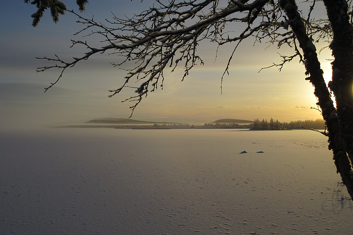 Napkelte, ősz, tó, téli, soutujärvi, Norrbotten, hó