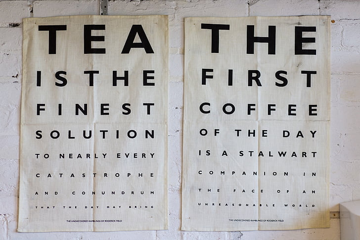 plakat, design, te, kaffe, bogstaver, Bogstavernes, øjenlæge