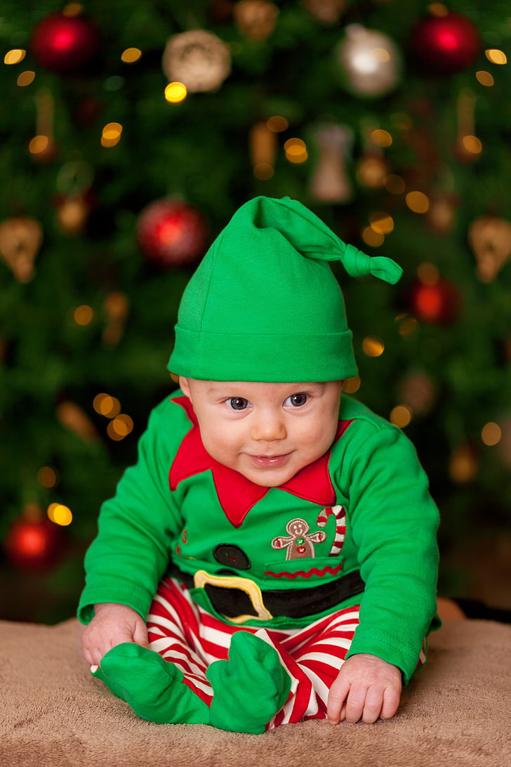 baby, boy, child, christmas, christmas tree, costume, cute