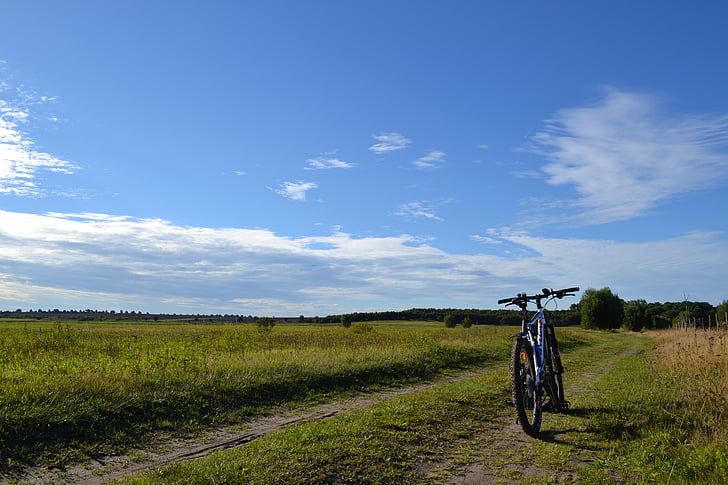 bike, mtb, away, landscape, meadow, clouds, vision