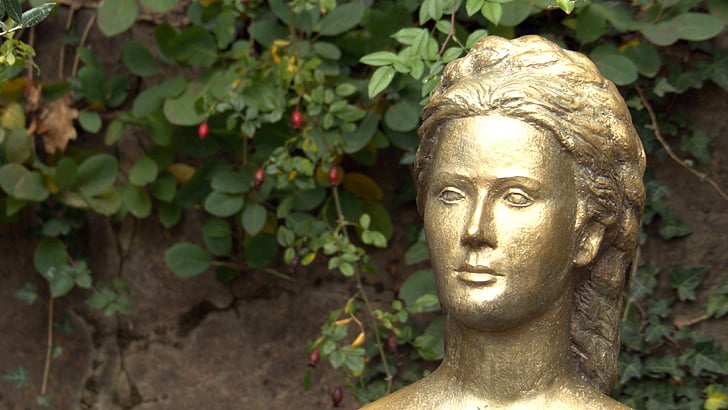 portrait, bust, gilded, artwork, face, female, woman