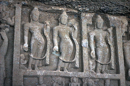 karla caves, statues, cave, carvings, india, statue, religion