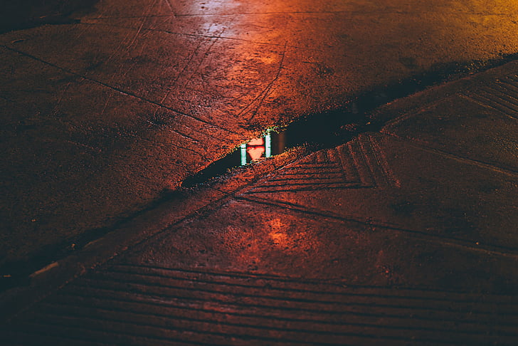 път, улица, вода, отражение, нощ