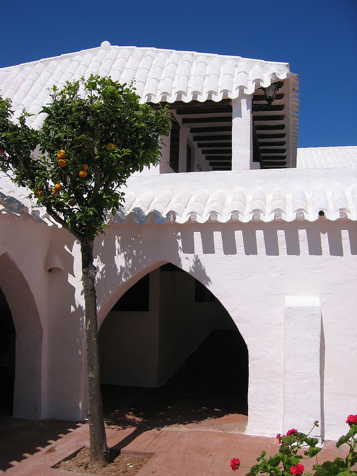courtyard, building, archway, white, architecture, southern europe, mandarin tree