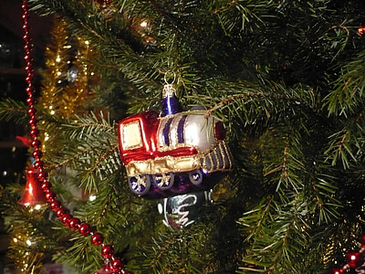 christmas tree, decorations, ornament, glass, steam locomotive, close up, holiday