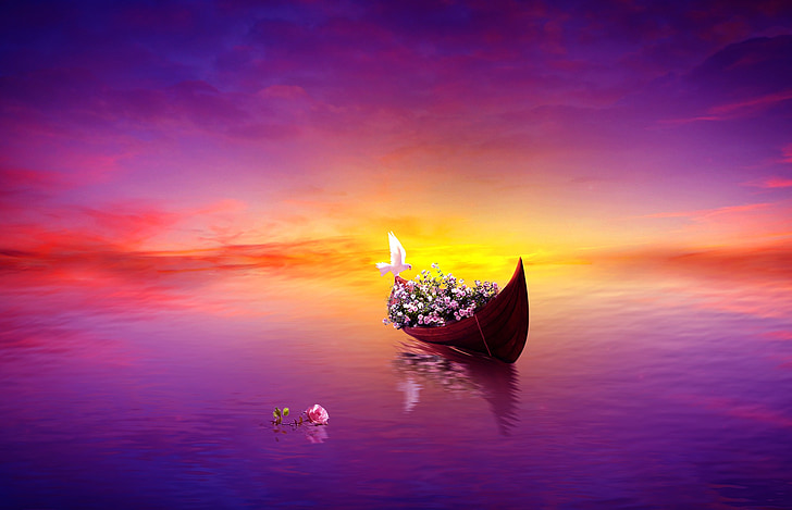 Vacker, drömmar, sjön, båt, naturen, romantiska, lila