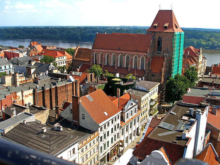 Torun, Wisla, Panorama, hus, gamla byggnader, Bridge, marknaden