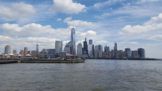 Manhattan, Världshandel centrerar, Hudsonfloden, Urban skyline, stadsbild, skyskrapa, arkitektur