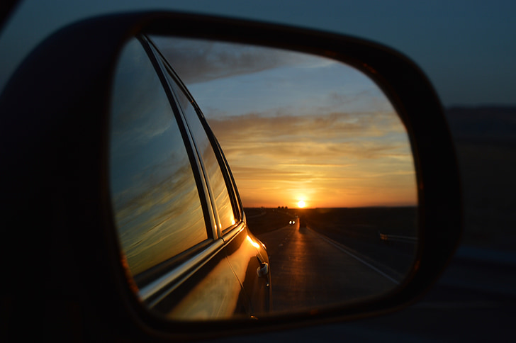 rear view mirror, perspective, past, car, sunset, rear, sky