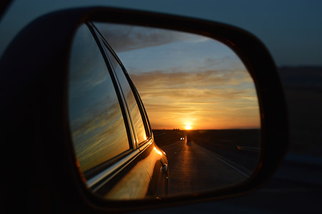 stražnji pogled ogledalo, perspektive, prošlosti, auto, zalazak sunca, stražnji, nebo